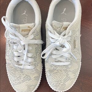 Puma Cat Sneakers Suede Snakeskin look w/Rubber Soles, brass colored logos. GUC!